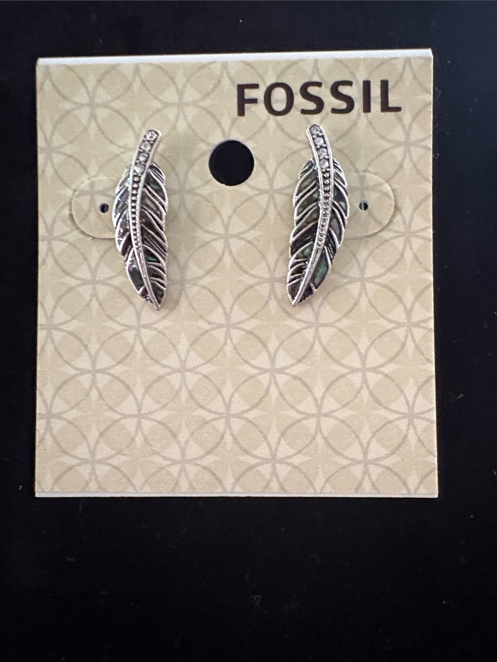 Fossil Silvertone Feather Crystal Accent Stud Earrings.  Nature pave crystals